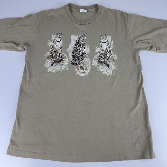 Vtg 90’s Leopard T‎ Shirt Sz L Tan Single Stitch Catawbas Best Cotton 3 Big Cats - Picture 1 of 10